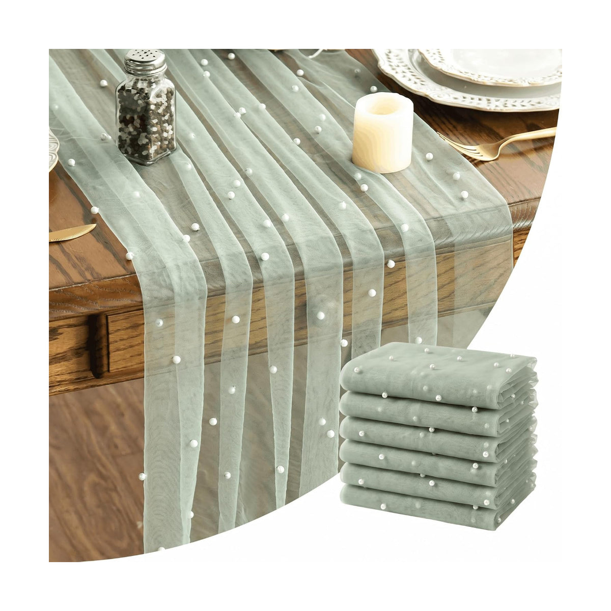 Artoid Mode 6-Pack Pearl Sage Green Gauze Table Runner 10FT Home Decor