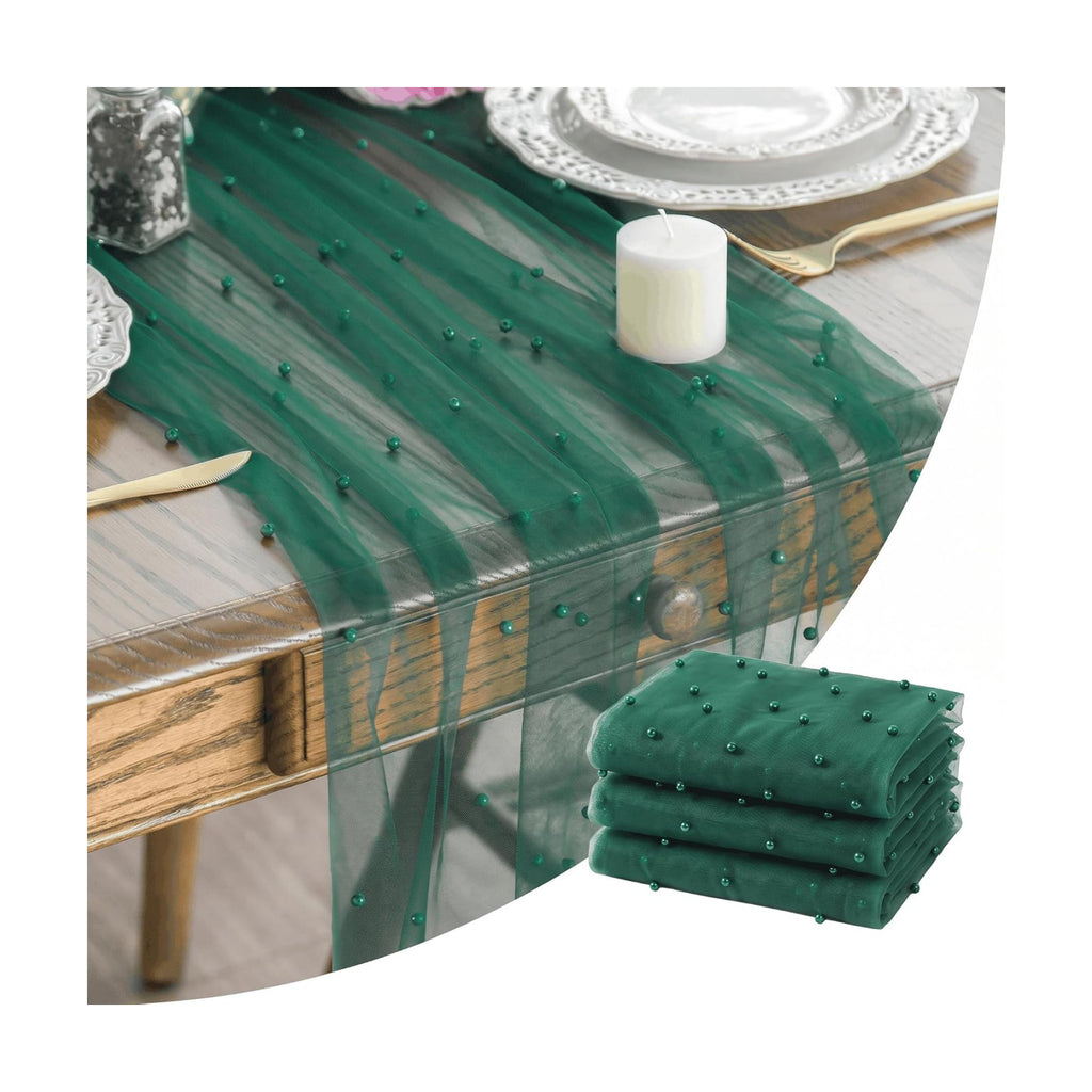 Artoid Mode 3-Pack Pearl Dark Green Gauze Table Runner 10FT Home Decor