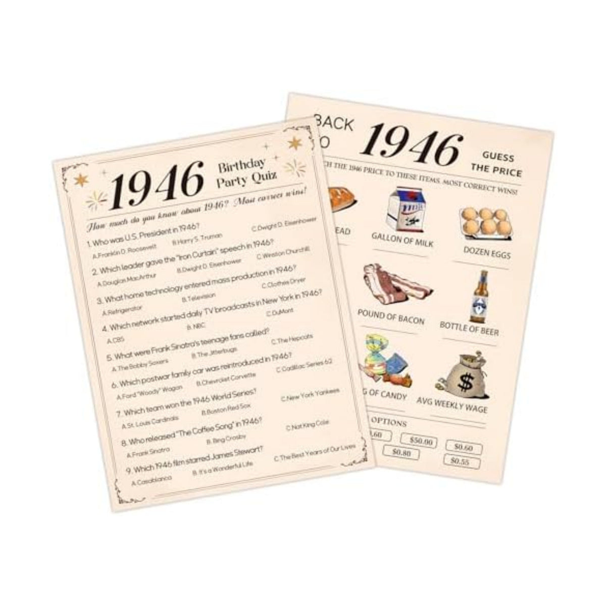 30Pcs 80th Birthday Party Games, 1946 Quiz & Guess the Price Game Cards