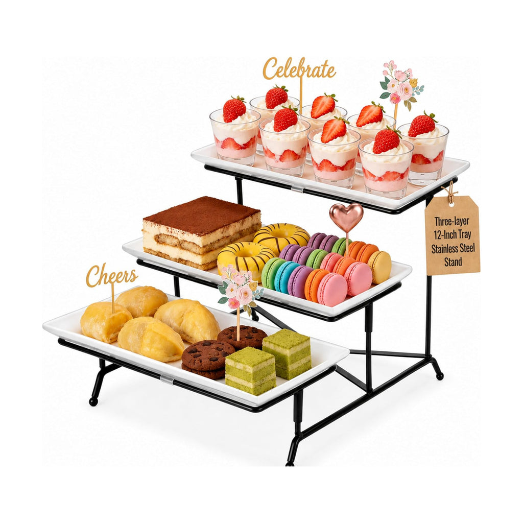 3 Tier Serving Tray, 12" White Plastic Tiered Food Serving Platters, Reusable Tray Stand Black Collapsible Metal Stand with Stable Cross Bars, Party Display Stands for Veggie Fruit, Dessert