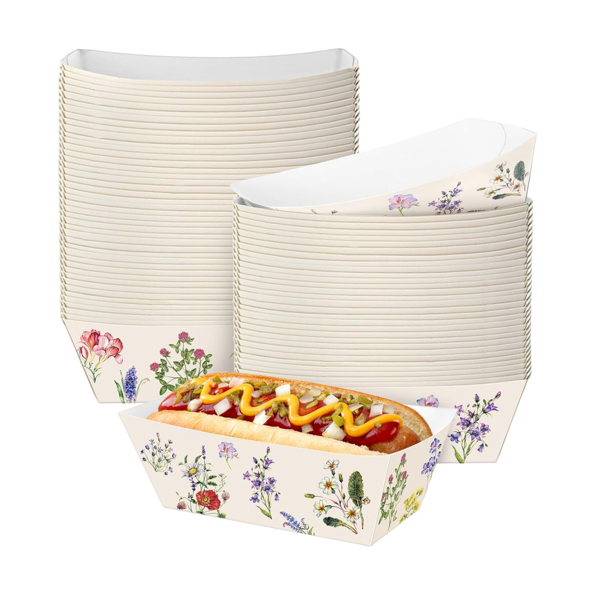 Funnymoom 100 Pcs Wildflower Paper Food Trays Floral Food Serving Trays 4.13 x 2.2 Inches Disposable Vintage Nacho Boat for Spring Birthday Flower Baby Shower Bridal Wedding Tea Party Supplies