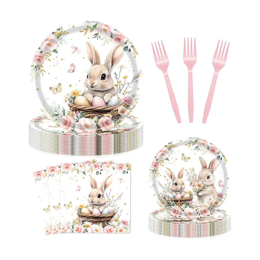 96 Pieces Easter Bunny Eggs Paper Plates and Napkins, Spring Floral Rabbit Disposable Tableware with Plates Napkins Forks for Spring Easter Party Supplies, Baby Shower Birthday Party Decor - Serves 24