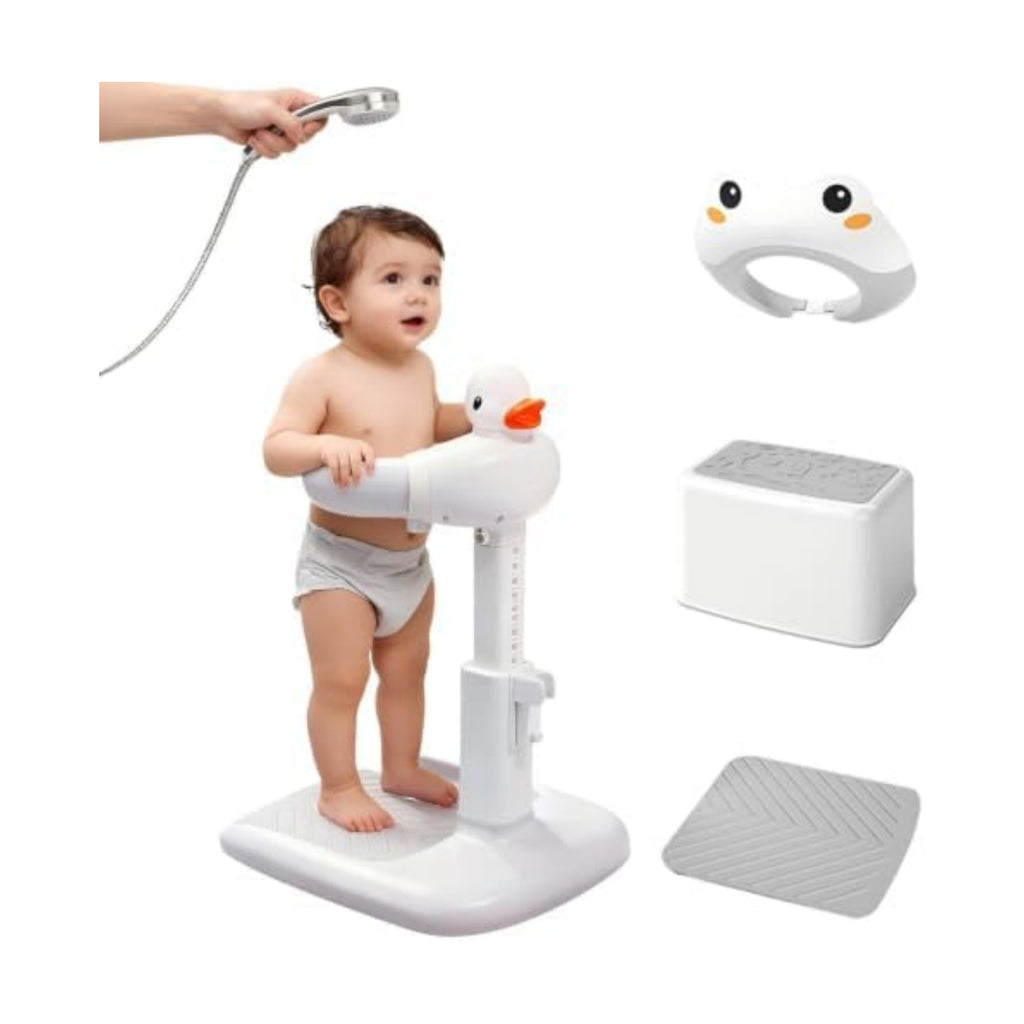 Baby Shower Stand 𝙬𝙞𝙩𝙝 𝙎𝙝𝙤𝙬𝙚𝙧 𝘾𝙖𝙥 & 𝙎𝙩𝙤𝙤𝙡 - Safety & Non-Slip Baby Bath Stand, Toddler Shower Stand for Infants 6-36 Months, Shower Standing Support Max 35 Lbs Capacity