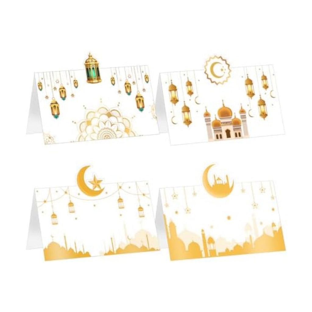 Auch Eid Place Cards - 40pcs Eid Mubarak Table Tent Cards Set Folded Ramadan Name Card for Eid Al-Fitr & Eid Al-Adha Dinner, Iftar Party Table Decorations, Buffet & Food Labelsr 4 Designs (White)