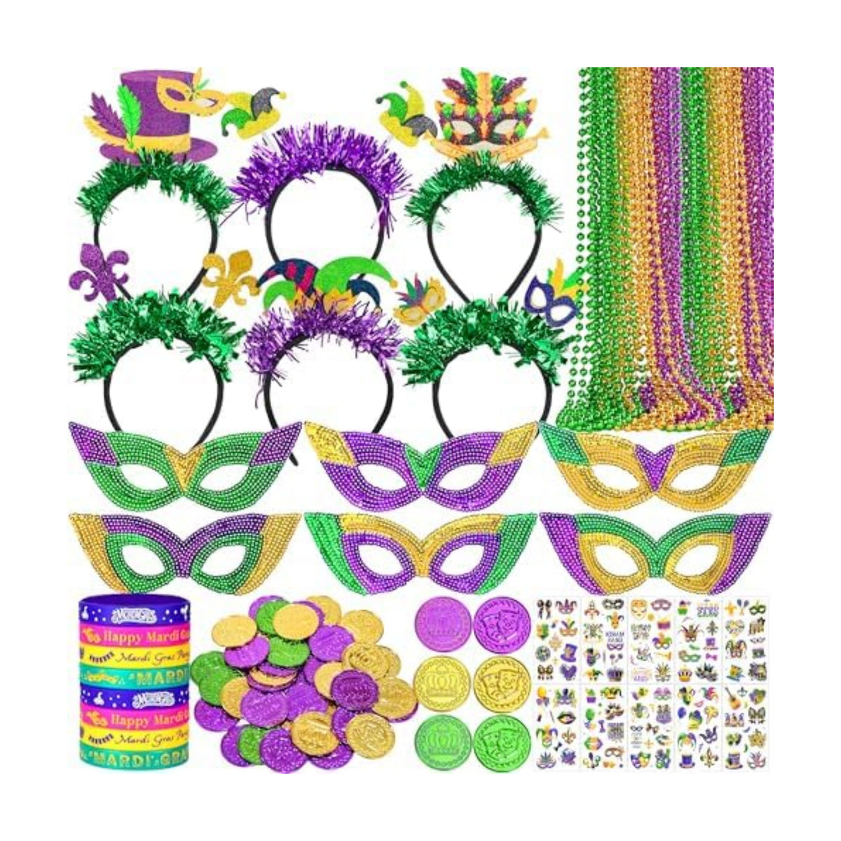 Seifar 172 Pcs Mardi Gras Accessories Set, Purple Green Gold Mardi Gras Beads Necklaces Coins Headbands Bracelets Tattoos for Mardi Gras Masquerade Parade Decor Party Favors Supplies