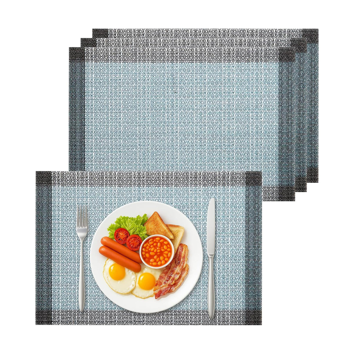 Bloss Blue Grey Boho Placemats Set of 4-12x18Inch Washable Table Mats