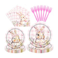100 Pieces Easter Bunny Party Tableware Set – Pink Plaid Floral Rabbit Plates, Napkins and Forks, Spring Disposable Dinnerware for Easter Party, Birthday and Baby Shower Supplies