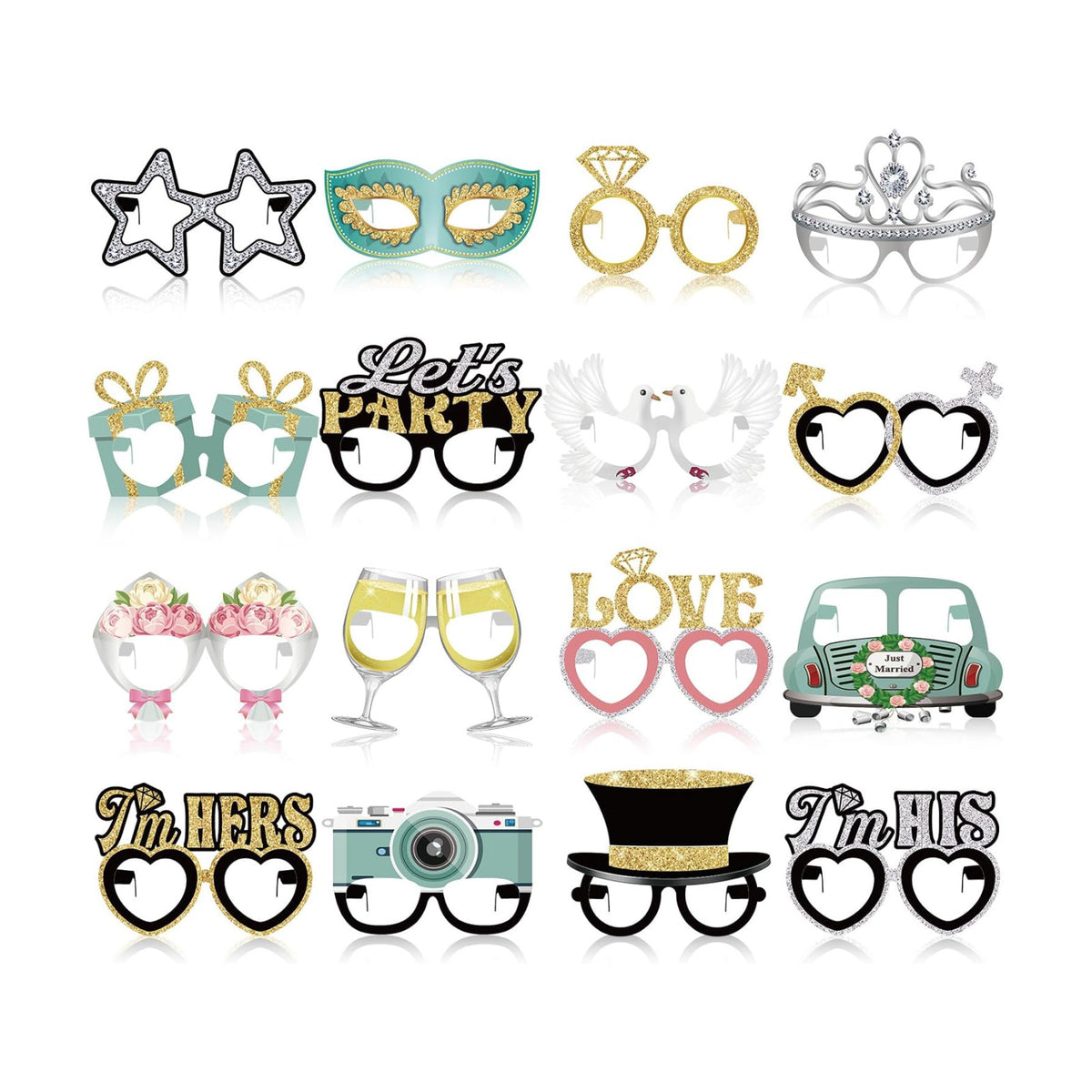 32 Pcs Wedding Photo Booth Props Paper Glasses - Bridal Shower Decorations, Engagement Party Favors, Bachelorette Accessories, Just Married Eyeglasses for Bride Reception Celebration Supplies