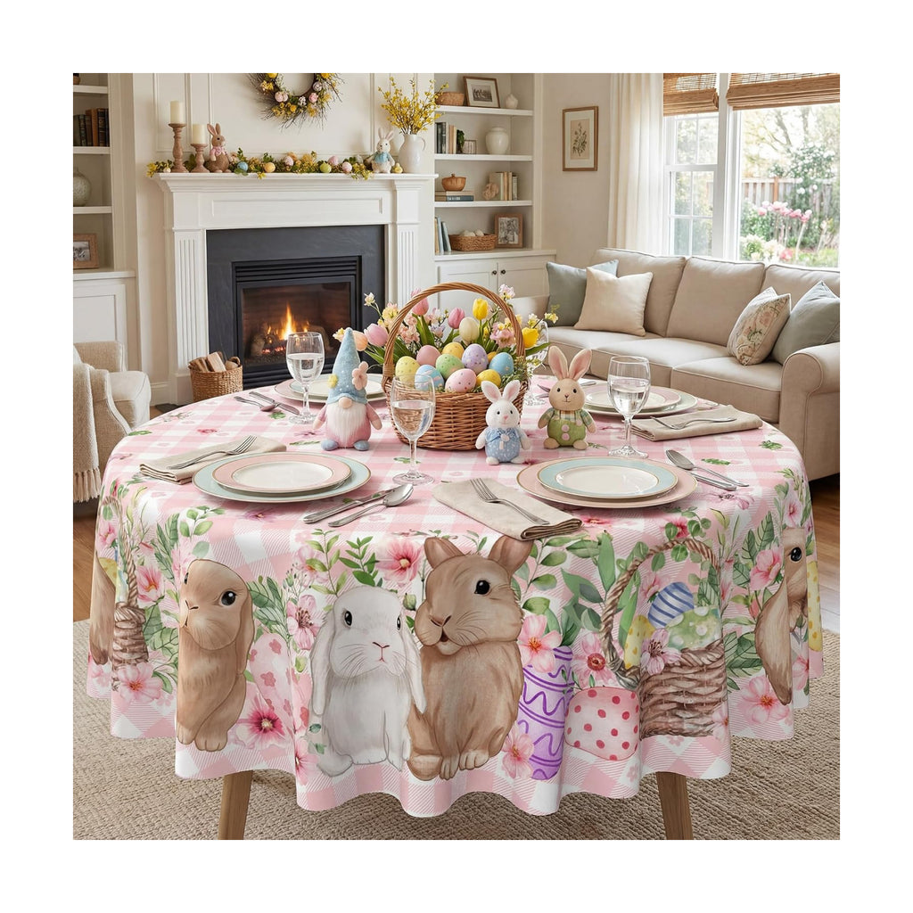 Easter Tablecloth 60 Inch Round, Easter Rabbits Decorations for Home Table Cloth, Pink Buffalo Plaid and Flowers Decor Tablecloths Polyester for Picnic Party Dinner