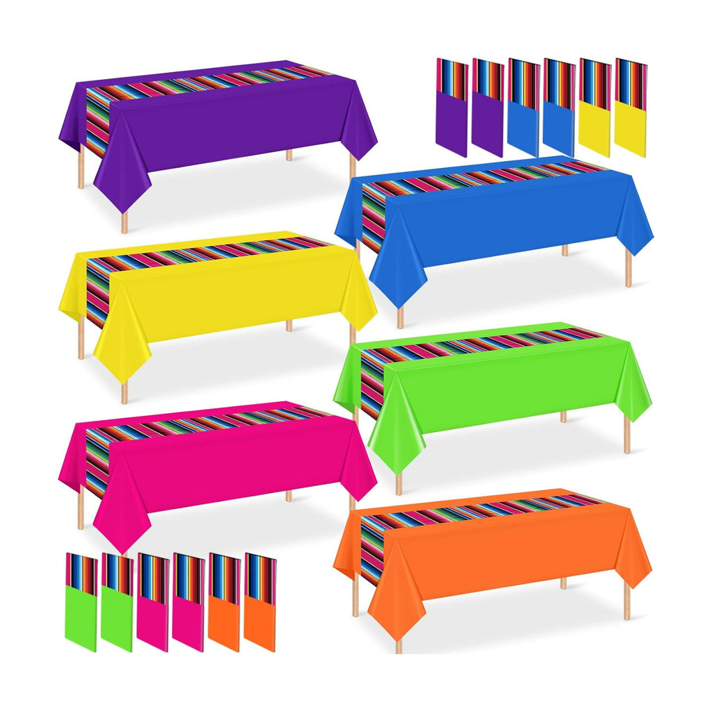 12 Pcs Mexican Fiesta Plastic Tablecloth, Rectangle Disposable Table Cloth Striped Table Cover for Cinco De Mayo Taco Night Fiesta Party Decoration, Mexican Wedding Birthday Home Decor, 108 x 54 Inch