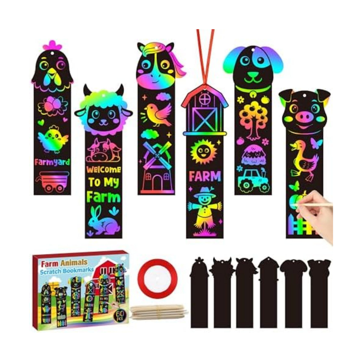 CY2SIDE Farm Animals Scratch Bookmarks - 60PCS Barnyard Animals Pig Cow Color Paper Cards Craft Kits for Kids, Spring Magic Art Scratch Bookmarks for Farm Birthday Party Favors Classroom Activities