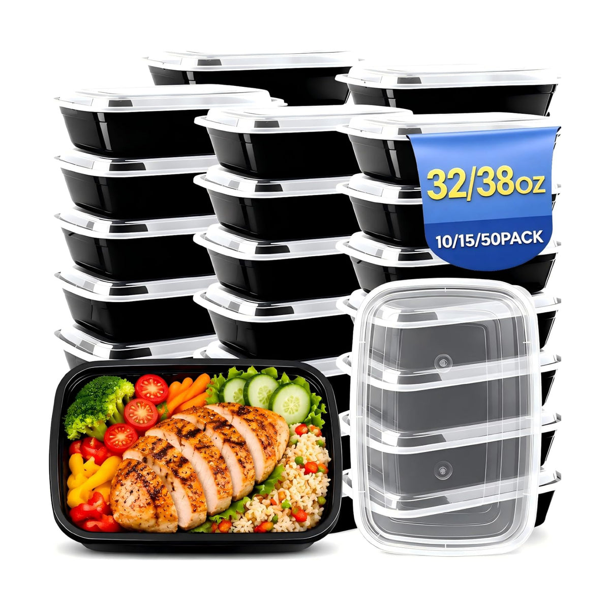 38oz 10 Pack Disposable Food Leftover Containers with Lids, Meal Prep Containers Reusable, To Go Containers Leakproof, Microwave Freezer Dishwasher Safe for Festival