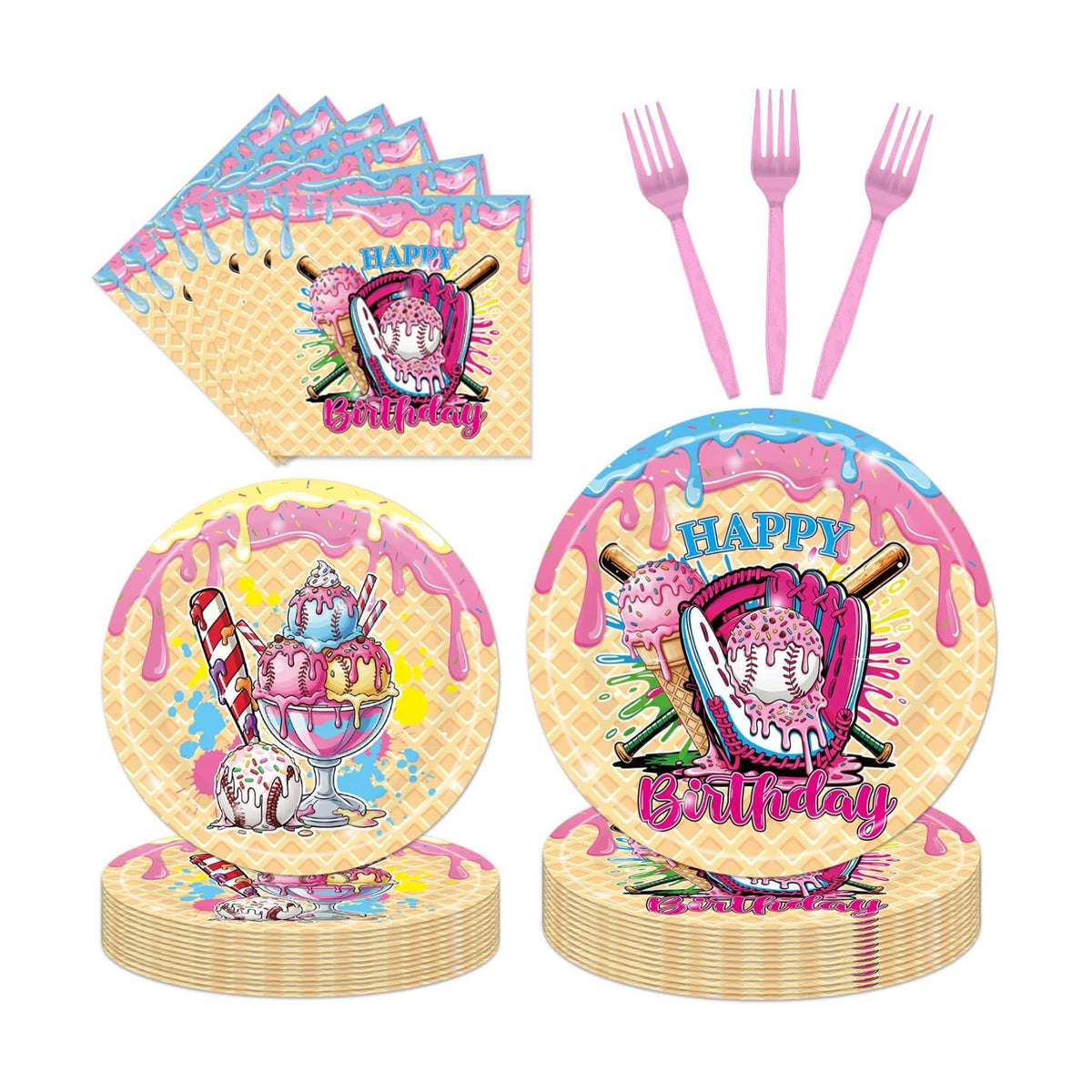 EUOYUFO 96Pcs Ice Cream Party Decorations Tableware Set Ice Cream Baseball Drip Happy Birthday Paper Plates Napkins Forks Baseball Sport Team Theme Bday Party Supplies Serve 24 Guests