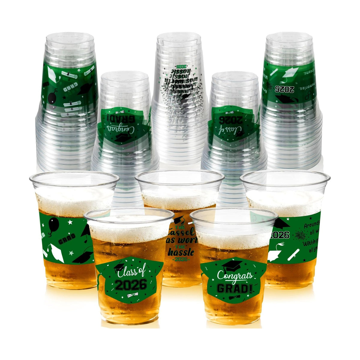 GuassLee 2026 Graduation Party Decoration Cups - 100pcs 12 Oz Black Green Disposable Graduation Plastic Cups for Drinks Class of 2026 Congrats Grad Party Tableware Supplies Decor