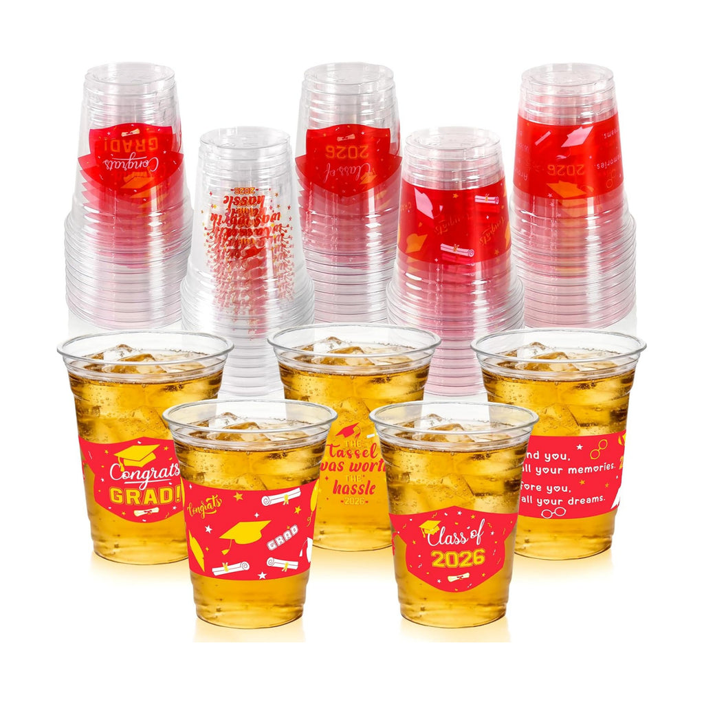 GuassLee Red Gold Graduation Decorations 2026 Party Cups - 50pcs 12 Oz Red and Gold Disposable Graduation Plastic Clear Cups for Drinks Class of 2026 Grad Party Supplies