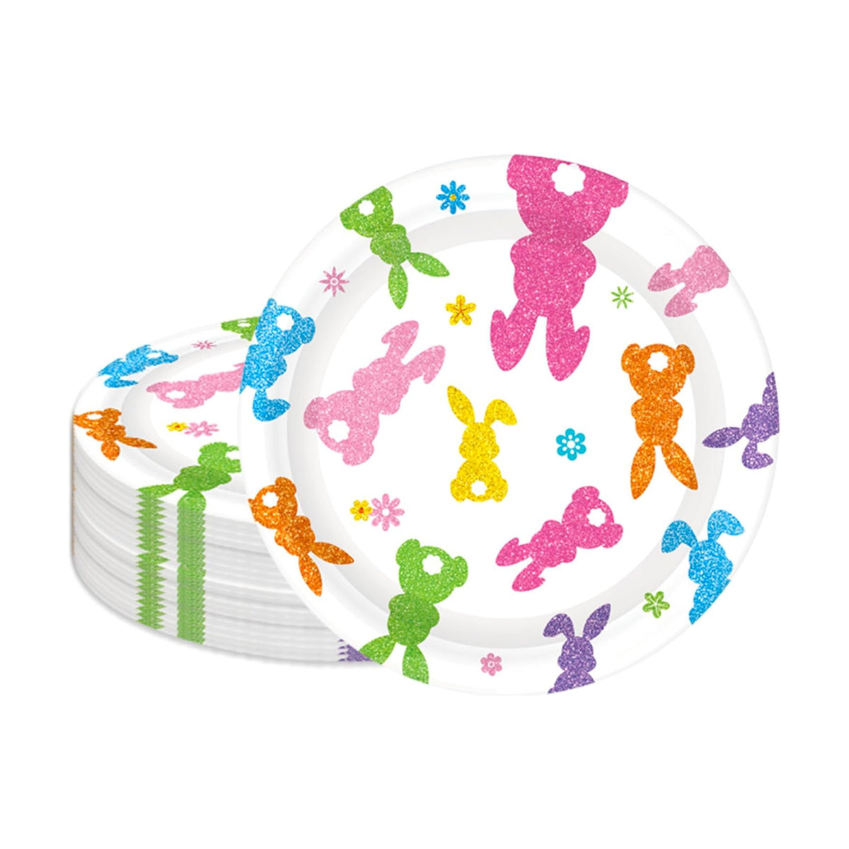 Whaline 40 Pcs Easter Bunny Paper Plates Disposable Plates 9 Inch Sparkly Colorful Rabbit Dessert Plates Flower Party Tableware for Spring Birthday Baby Shower Table Supplies