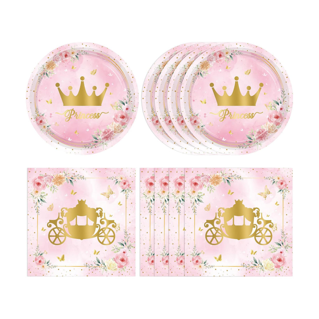 40Pcs Princess Birthday Party Decorations,Pink Princess Castle Birthday Themed Tableware Includes Paper Plates,Napkins Set for Kids Girls Baby Shower Fairy Tale1st Party Decorations,Serves 20