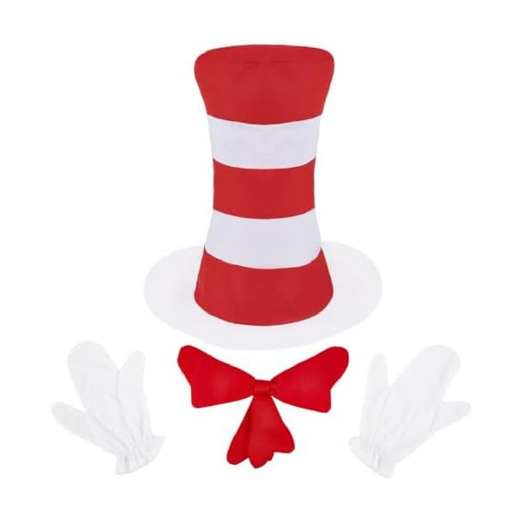 4 PCS Cat Hat Halloween Costume Accessories, Red White Striped Hat/Red Bow Tie/White Gloves for World Book Day Halloween Cosplay and Dress Up