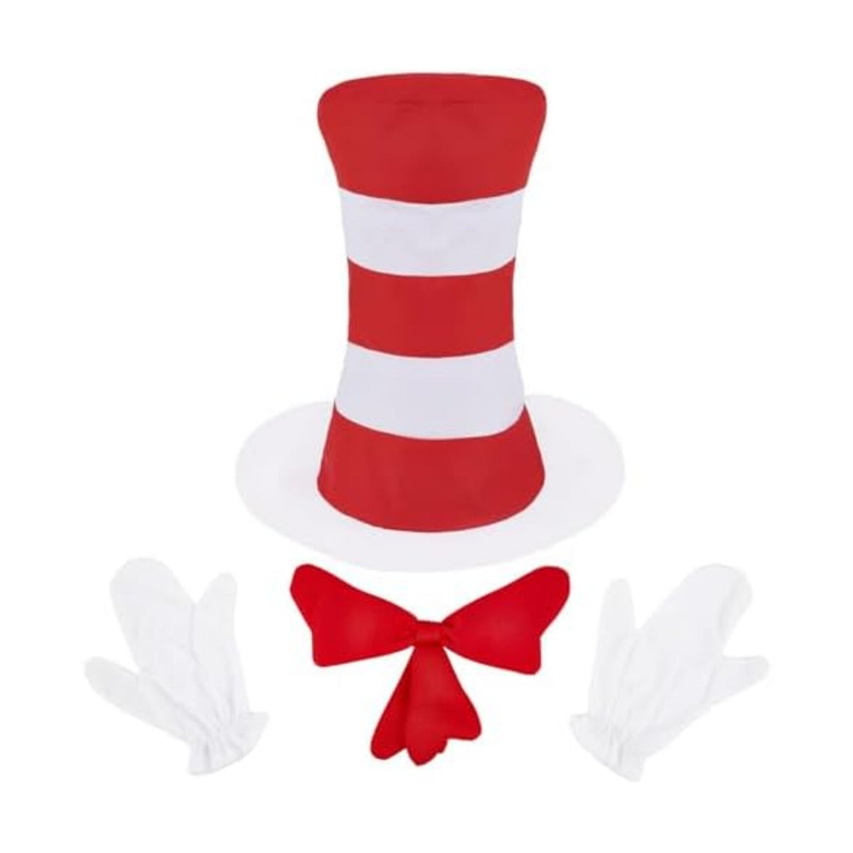 4 PCS Cat Hat Halloween Costume Accessories, Red White Striped Hat/Red Bow Tie/White Gloves for World Book Day Halloween Cosplay and Dress Up