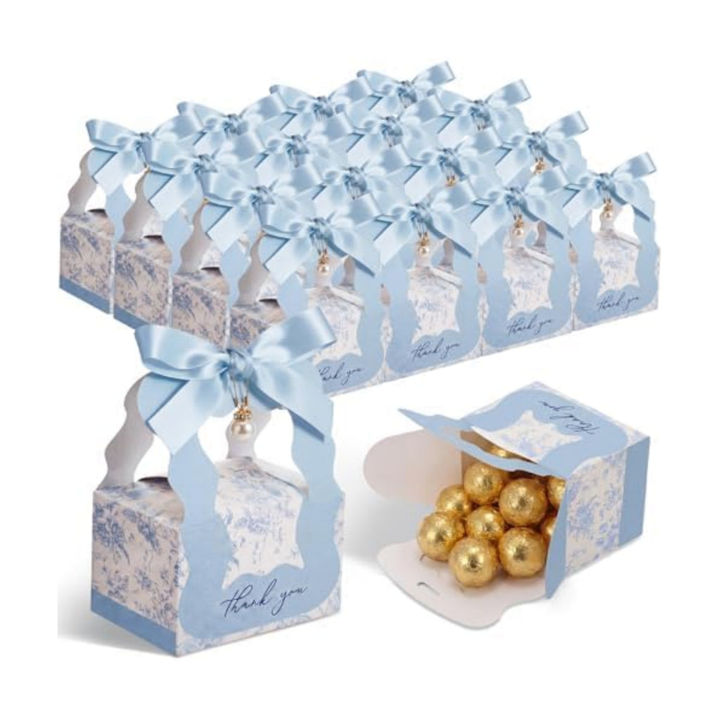 ForraFun 50 Sets Floral Wedding Favor Boxes with Pearl Pendant Bow, Blue