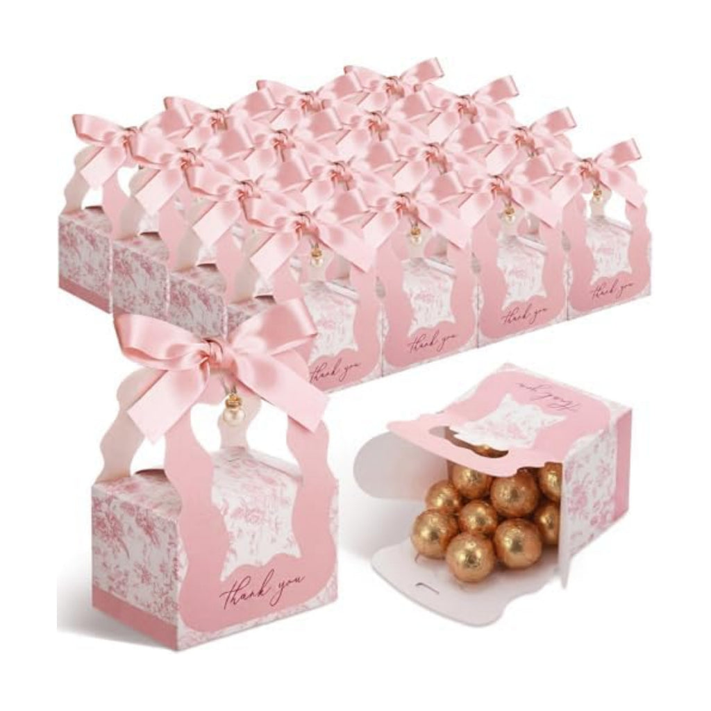 ForraFun 50 Sets Floral Wedding Favor Boxes with Pearl Pendant Bow, Pink