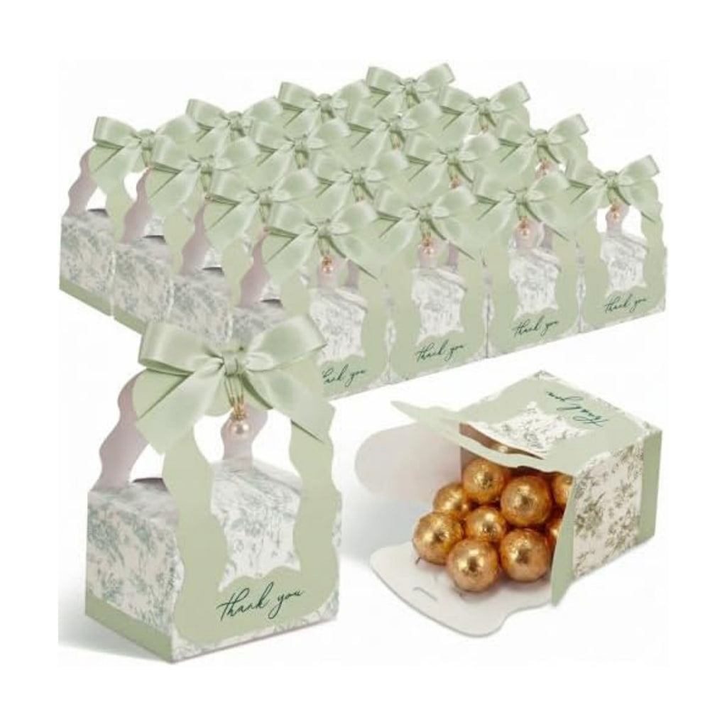 ForraFun 50 Sets Floral Wedding Favor Boxes with Pearl Pendant Bow, Green