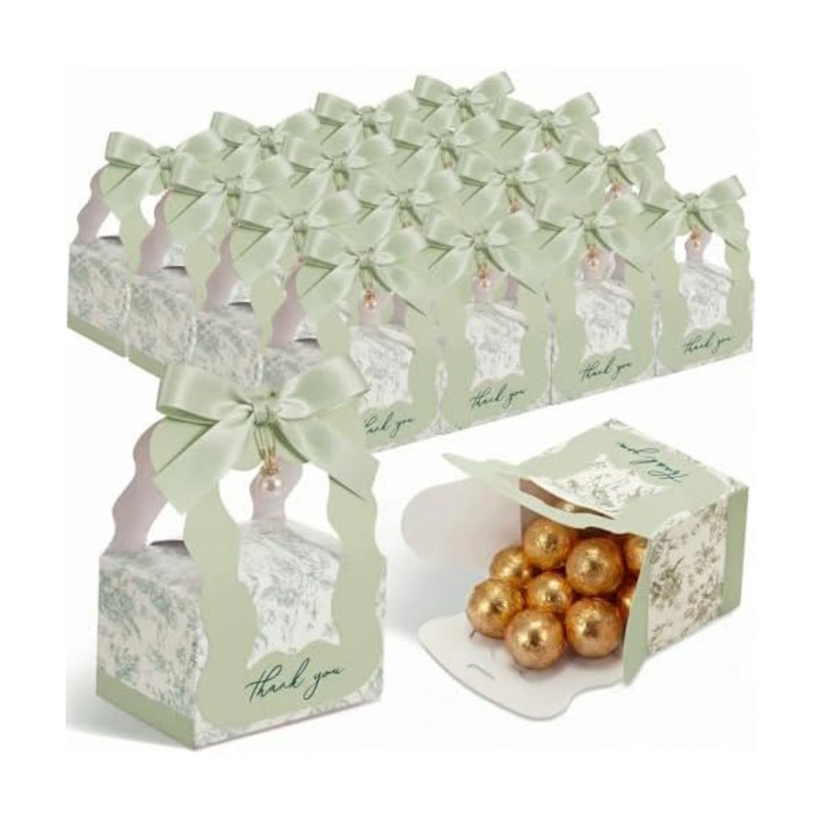 ForraFun 50 Sets Floral Wedding Favor Boxes with Pearl Pendant Bow, Green