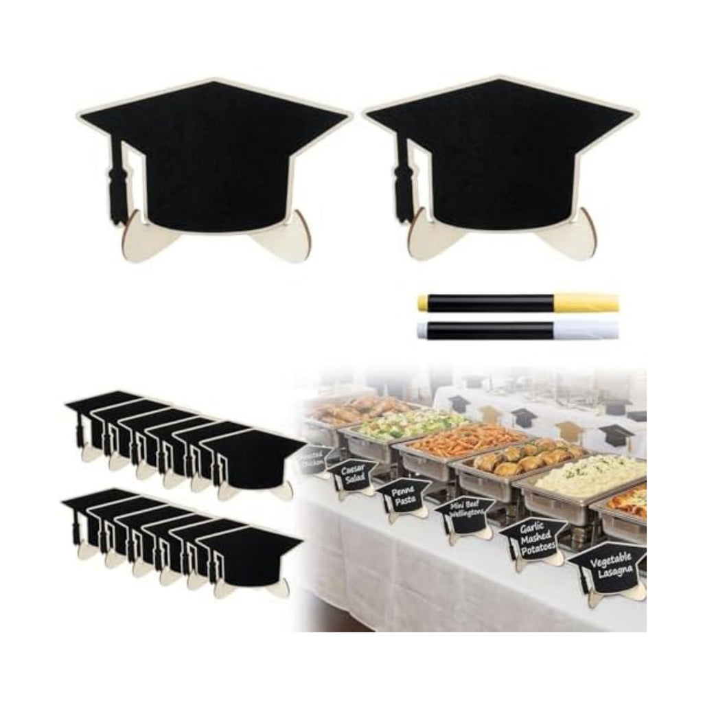 Eaasty 24 Pcs Mini Chalkboard Signs Party Food Labels for Party Buffet with Stand 2 Pen Small Erasable Reusable Wooden Blackboard for Table Setting Name Decorations(Grad Cap)