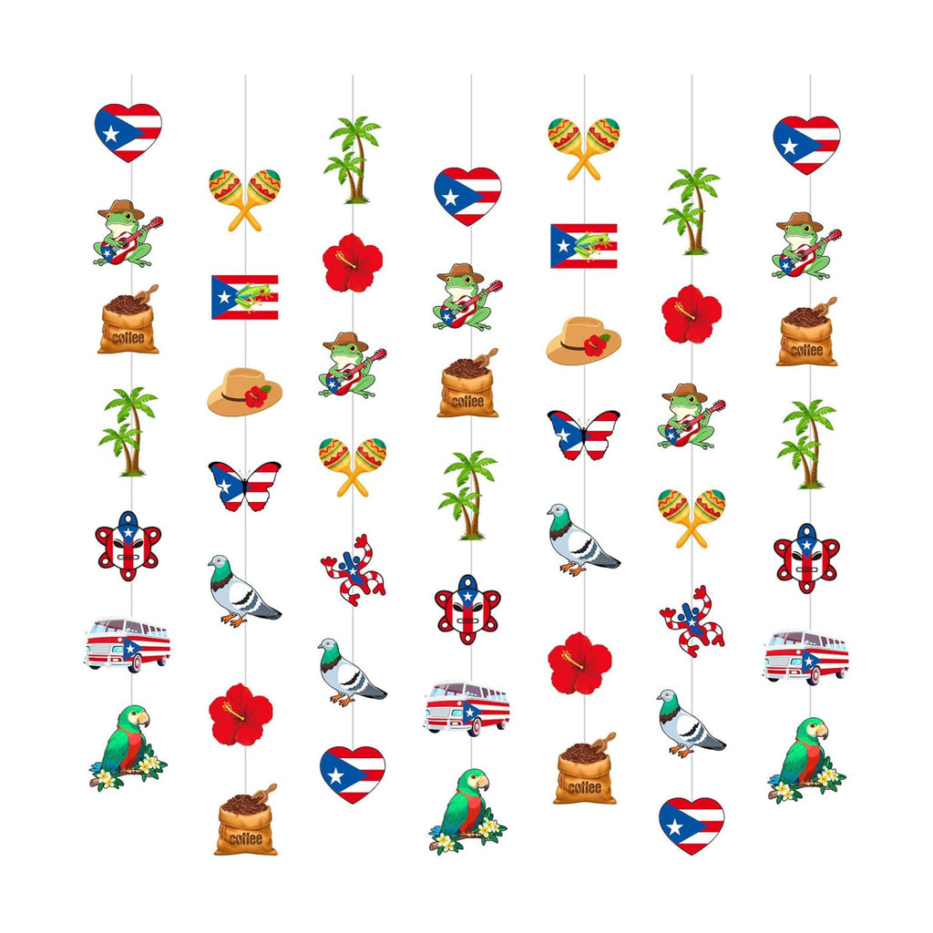 Spakon 8 Pcs Puerto Rico Garlands Puerto Rican Party Hanging Decorations Hibiscus Garlands Banners Frog Paper Cutouts for Birthday Festivals Party Ceiling Wall Decor