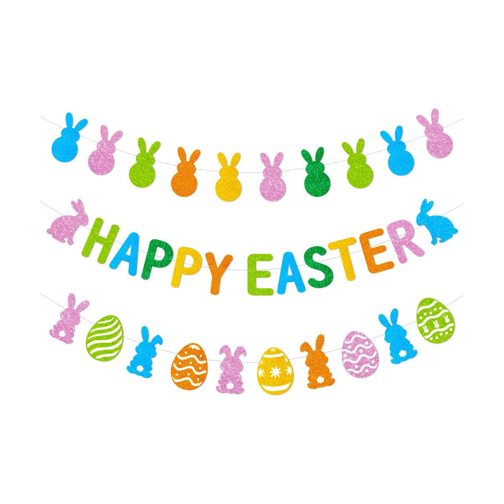 Easter Bunny Decorations Kit, 3 Pack Pre-Strung Glitter Banner Set with Happy Easter Banner, Bunny Egg Banner & Peeps Banner - Spring Easter Party Decorations for Indoor Home Decor