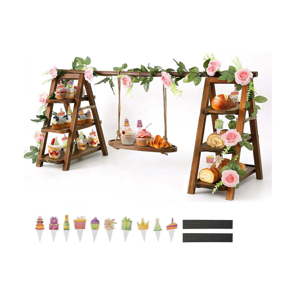 Wooden Cupcake Stand, 3 Tier Dessert Display Serving Tray with Swing and Flower Decoration, Foldable Tiered Ladders Stand for Party, Birthday, Wedding, Baby Shower, Table Food Display for Fruit Bread