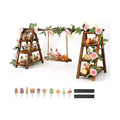 Wooden Cupcake Stand, 3 Tier Dessert Display Serving Tray with Swing and Flower Decoration, Foldable Tiered Ladders Stand for Party, Birthday, Wedding, Baby Shower, Table Food Display for Fruit Bread