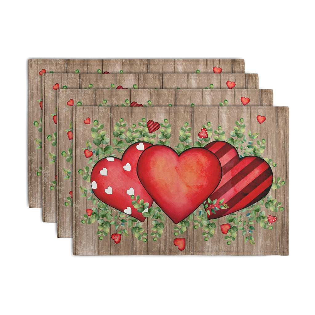 Valentines Day Wooden Plank Placemats Set of 4, 12x18 Inch Valentine Eucalyptus Leaves Heart Dining Table Placemats Wedding Washable Heat Resistance Place Mats for Party Kitchen Dining Decor