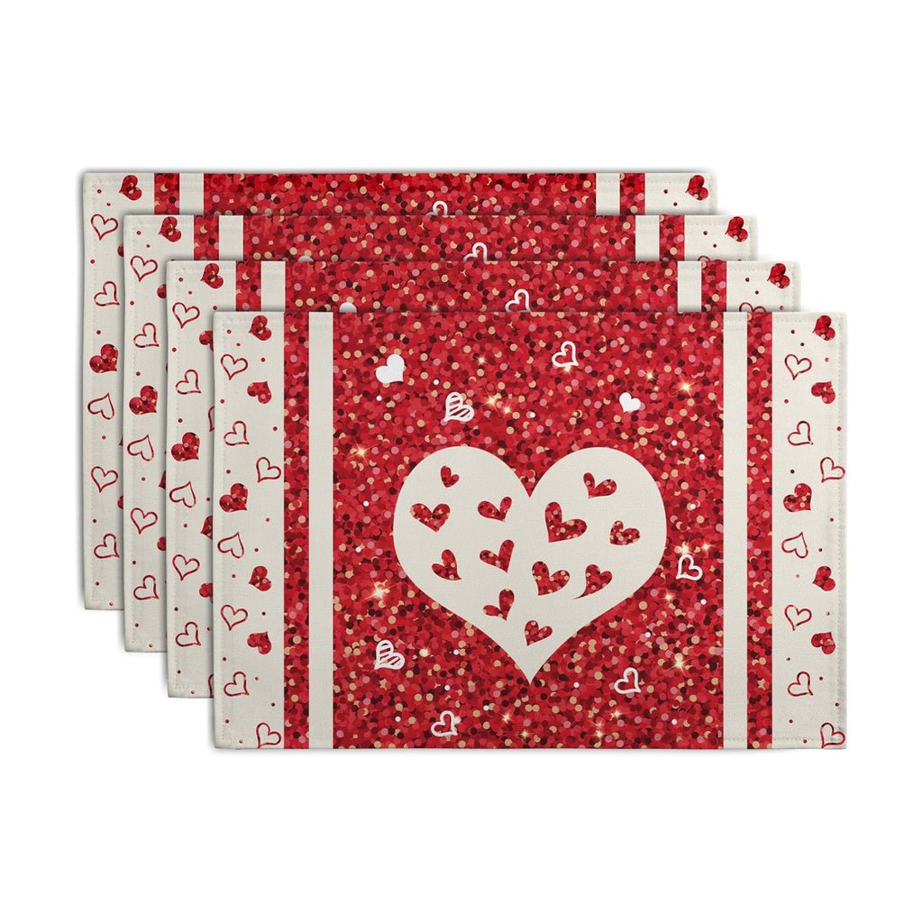 Valentine Hearts Placemats Set of 4, 12x18 Inch Red White Love Heart Linen Table Mats Romantic Wedding Heat Resistant Washable Place Mat for Party Kitchen Dining Outdoor Indoor Decor