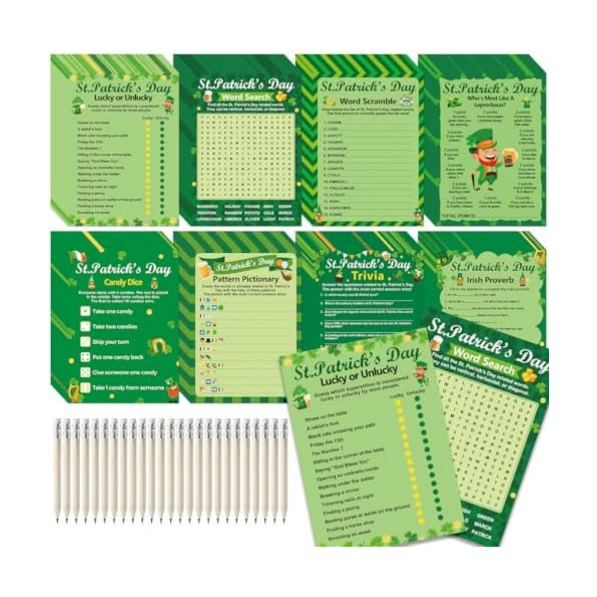 231 Pcs St. Patrick's Day Party Games Cards Lucky Shamrock Leprechaun Trivia Word Search Scramble Maze Games St. Patrick's Day Party Gifts Supplies for Adults Kids Irish Classroom Activities Birthday