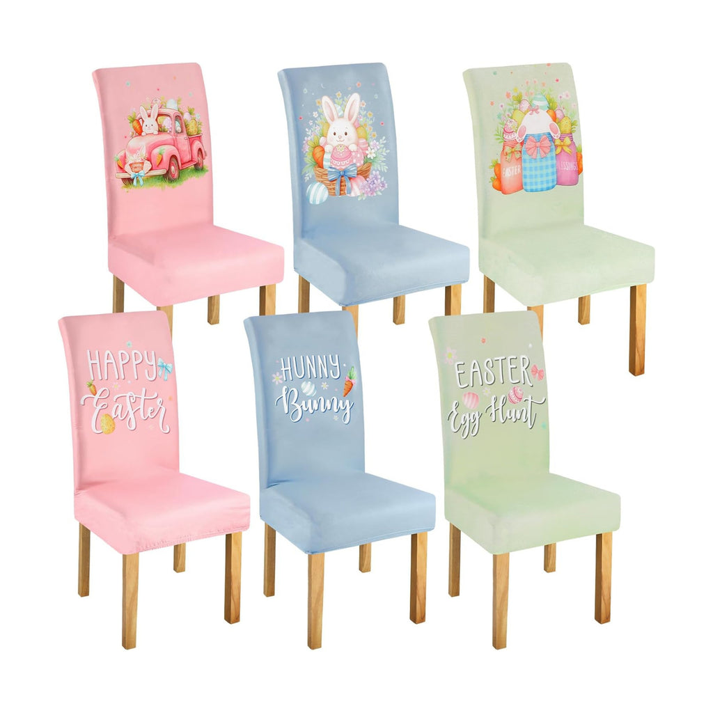 Mindsoft 6 Pcs Easter Chair Covers Print Eggs Hunt Happy Bunny Removable Seat Covers Protector Washable Stretch Spring Slipcovers for Easter Spring Hotel Restaurant Party Banquet