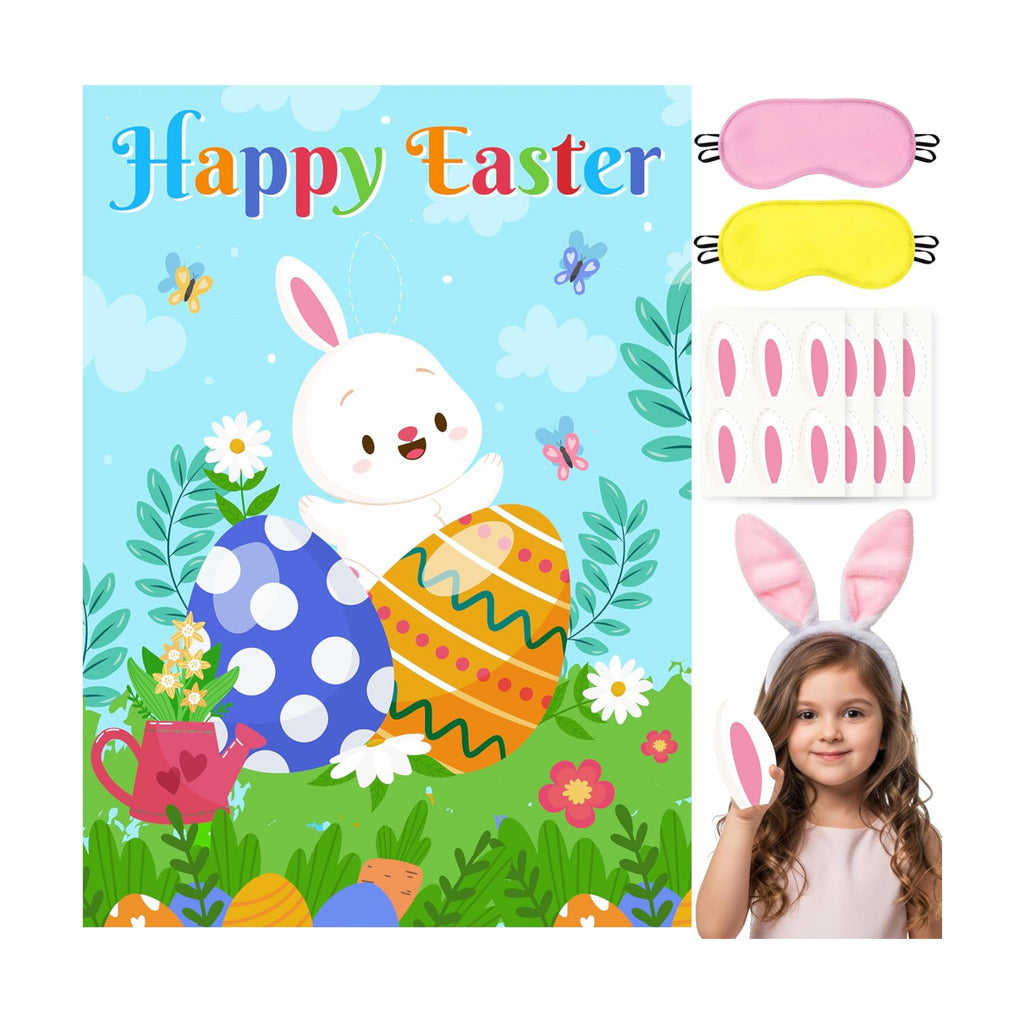 Pin The Ears on The Bunny Game for Kids, Happy Easter Rabbit Poster with 24Pcs Stickers Fun Family School Classroom Activities Spring Holiday Egg Hunt Birthday Party Decoration Supplies Wall Decor