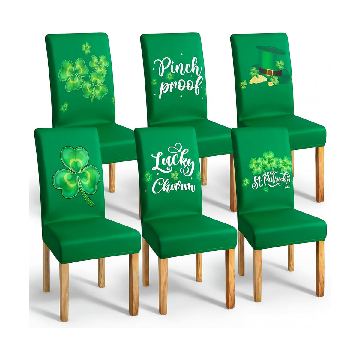 Mindsoft 6 Pcs St. Patrick's Day Chair Covers Green Clover Dining Protector Removable Seat Covers Washable Stretch Spring Slipcovers for Hotel Restaurant Party Wedding Holiday Decor