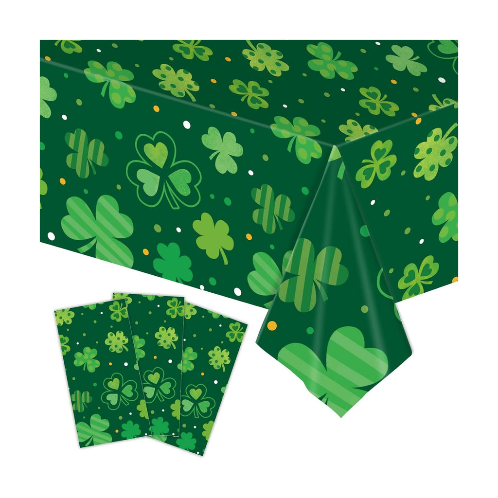 3-Piece 54 x 108 Inch St. Patrick’s Day Plastic Tablecloth – Green Shamrock Disposable Rectangle Table Covers for Irish Party, Lucky Day Celebrations, and St. Paddy’s Decorations