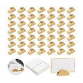 50 PCS Gold Table Number Holders, Wooden Place Card Holders with 50 PCS Cards Semicircular Table Number Stands for Restaurant, Wedding, Birthday Party Plates, Menus and Photos