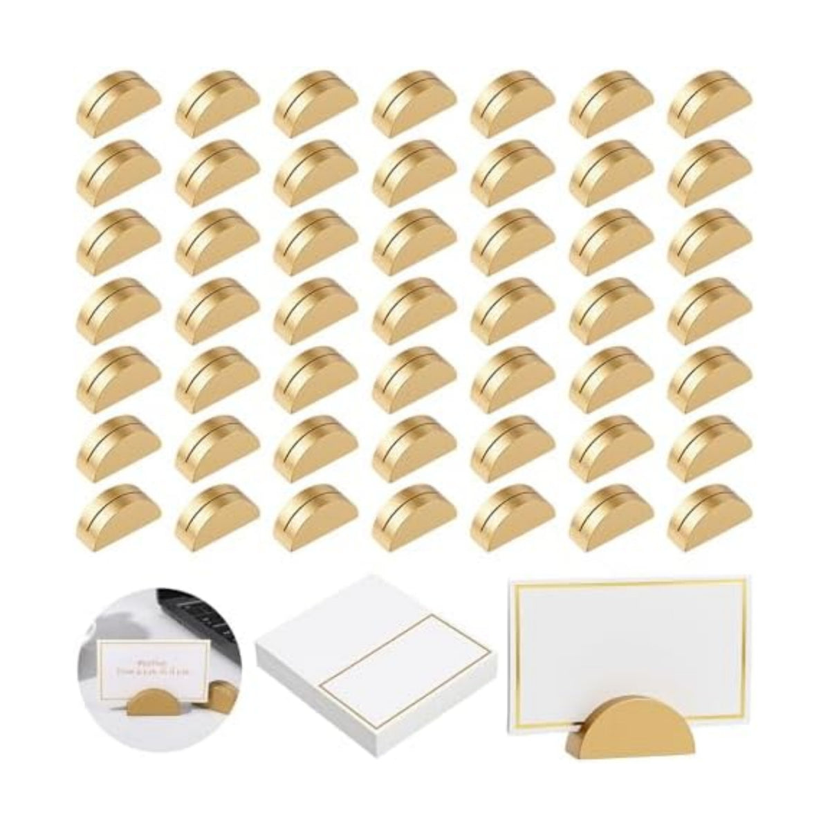 50 PCS Gold Table Number Holders, Wooden Place Card Holders with 50 PCS Cards Semicircular Table Number Stands for Restaurant, Wedding, Birthday Party Plates, Menus and Photos