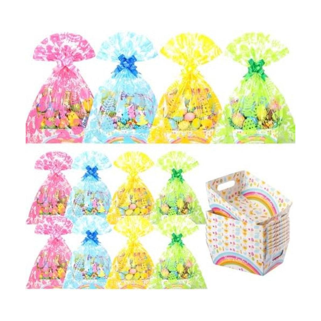 Gueevin 24 Sets Easter Empty Gift Baskets Bulk with Colorful Bunny Cellophane Bags & Ribbon Bows, DIY Basket to Fill for Egg, Candy, Treats, Birthday Party, 9.8 x 6.5 x 3.5 Inch