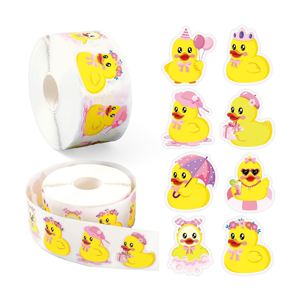 Whaline 1000 Pcs Pink Rubber Duck Roll Stickers Self-Adhesive Cute Girls Duck Themed Label Decals for Envelope Water Bottle Scrapbook Decor Spring Summer Birthday Party Supplies
