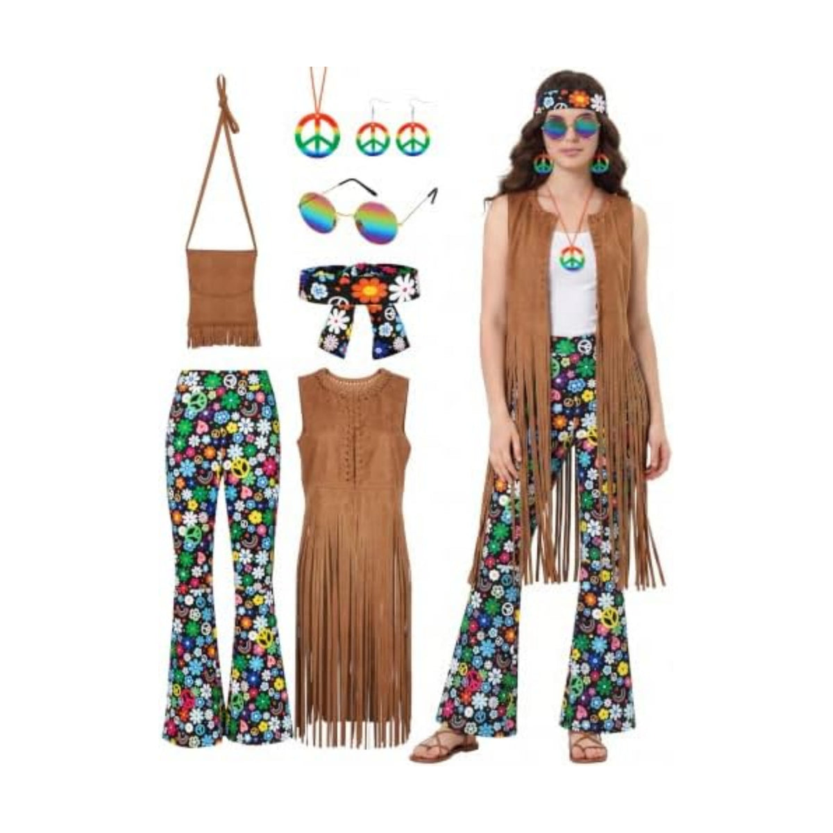 SOMSOC 7 Pieces 60s 70s Women Hippie Costume Fringe Vest Bag Pant Headband for Disco