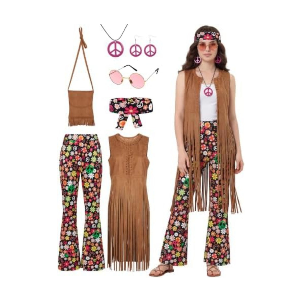 SOMSOC 7 Pieces 60s 70s Women Hippie Costume Fringe Vest Bag Pant Headband for Disco