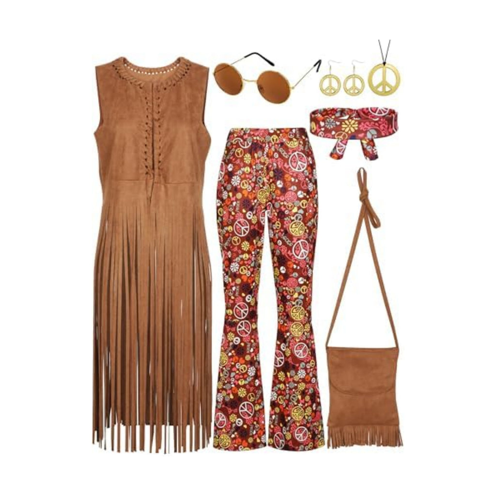 SOMSOC 7 Pieces 60s 70s Women Hippie Costume Fringe Vest Bag Pant Headband for Disco