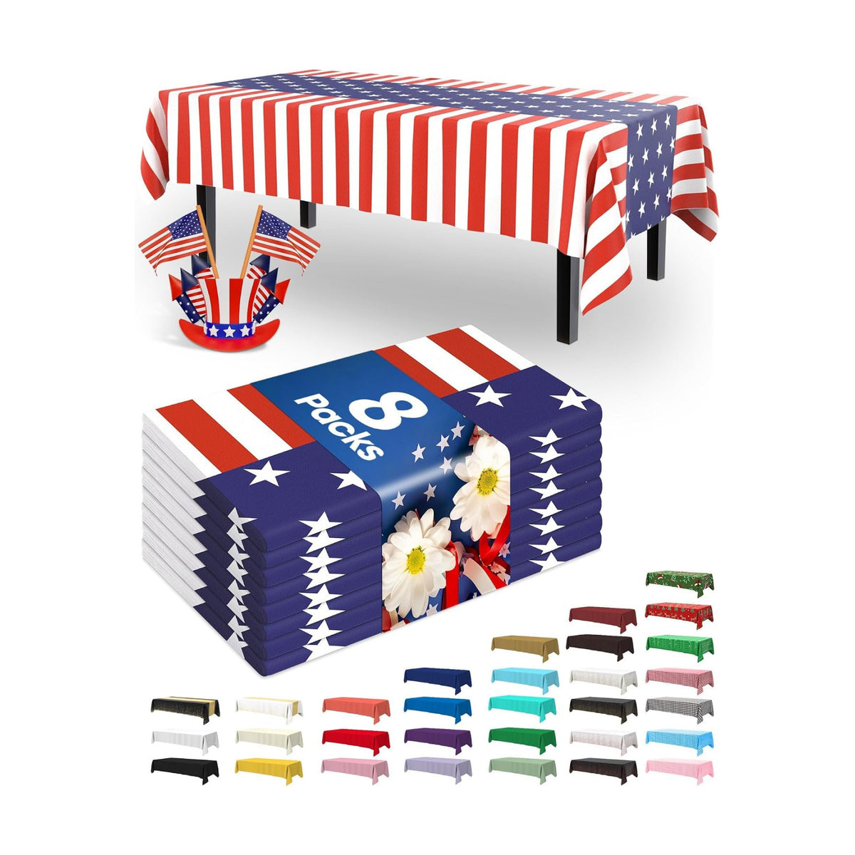 Pureegg 4th July Plastic Table Cloth Disposable 8 Pack 54 x 108 Inch