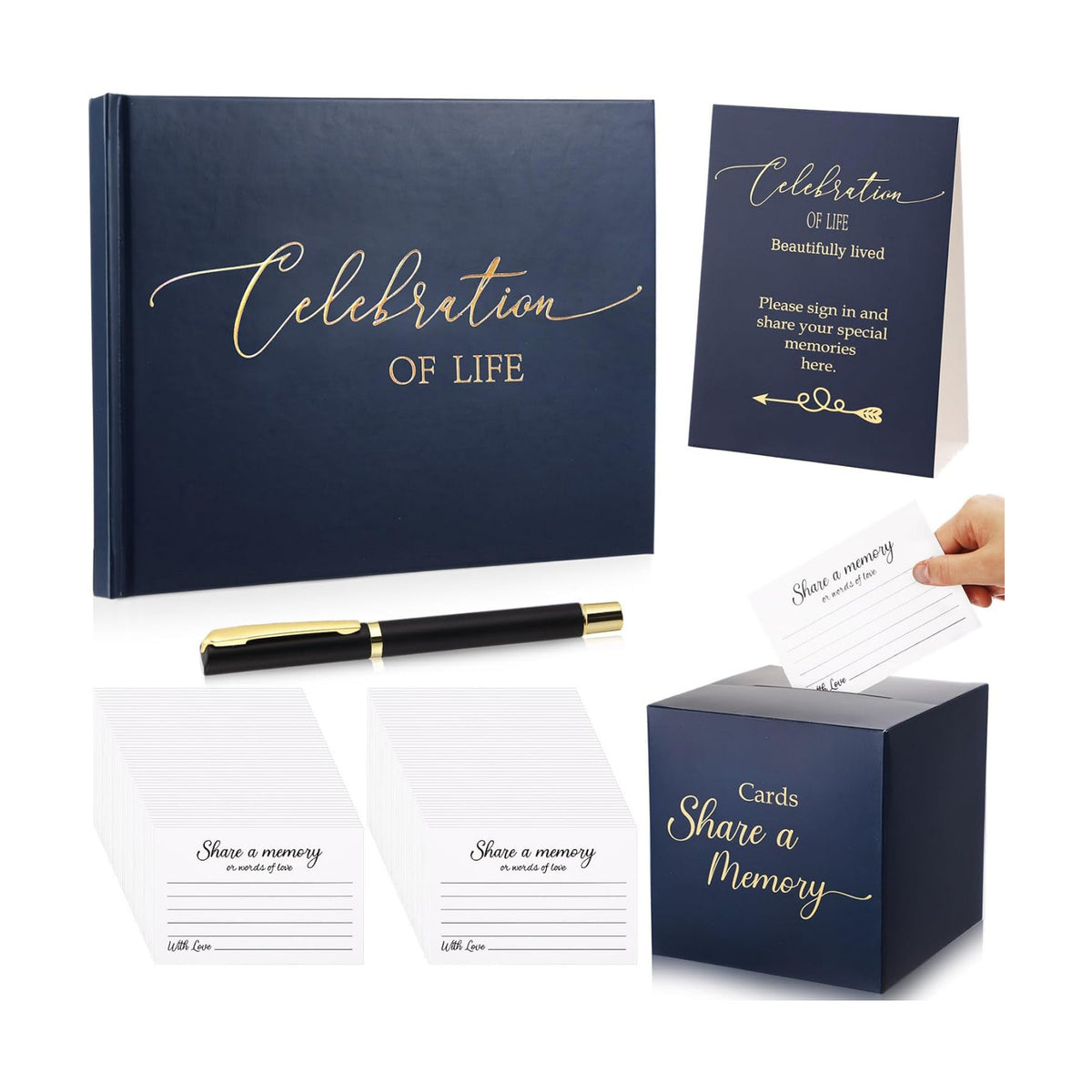 Engrowtic 64 Pcs Guest Book Set Funeral Guest Book Memorial Service, Blue