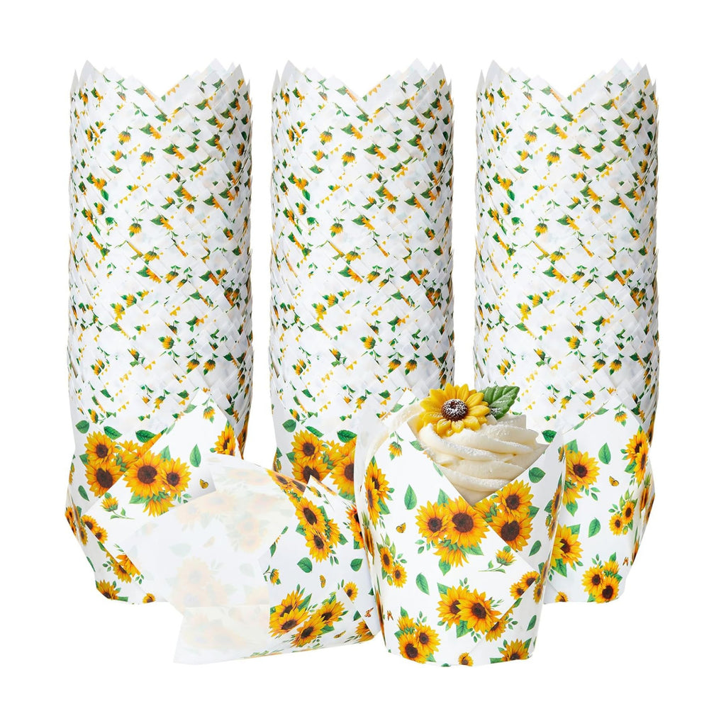Maxdot 200 Pcs Sunflower Tulip Cupcake Liners for Baking Sunflower Paper Muffin Baking Cups Flower Tulip Muffin Liners Wrappers for Thanksgiving Baby Shower Wedding Birthday Party Decor