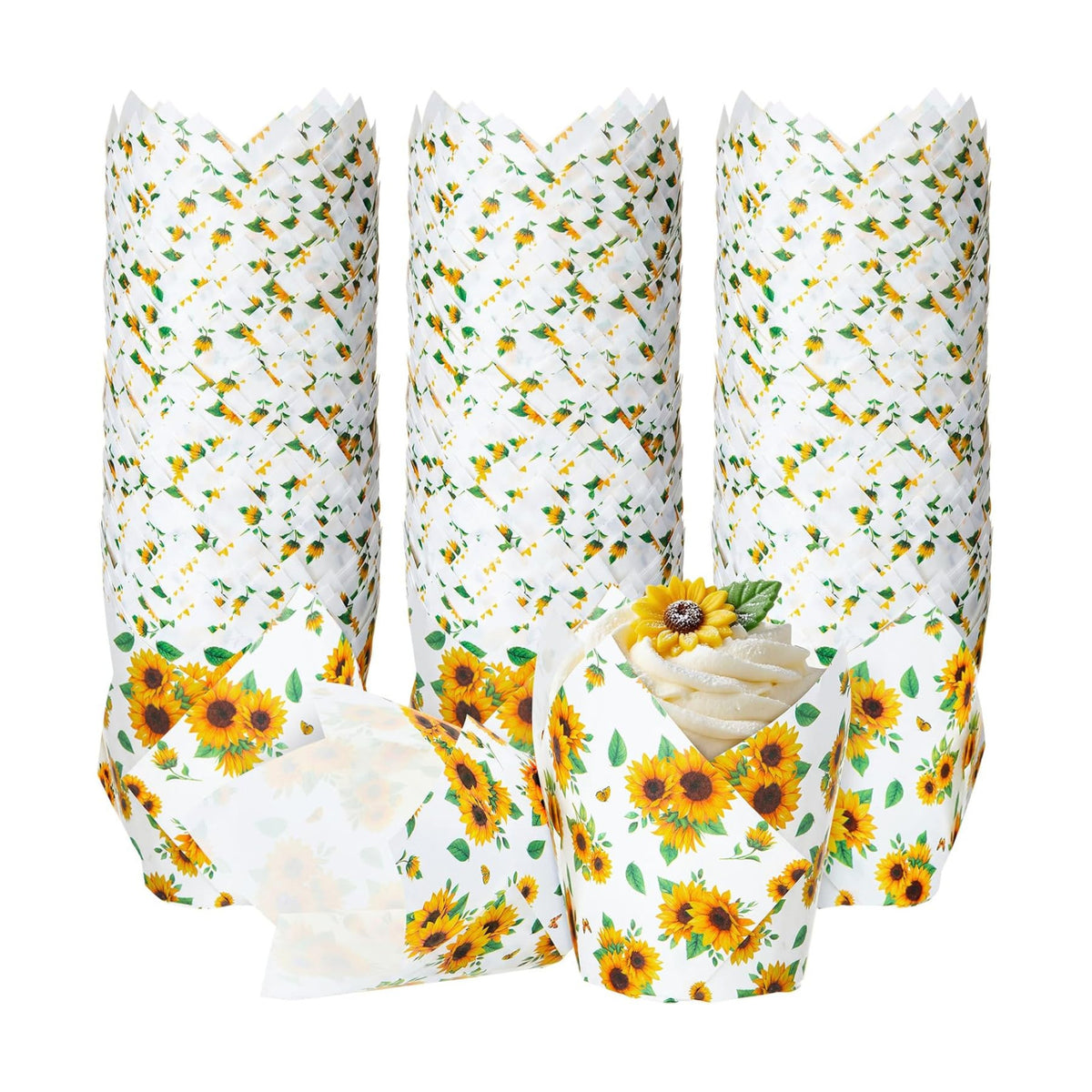 Maxdot 200 Pcs Sunflower Tulip Cupcake Liners for Baking Sunflower Paper Muffin Baking Cups Flower Tulip Muffin Liners Wrappers for Thanksgiving Baby Shower Wedding Birthday Party Decor